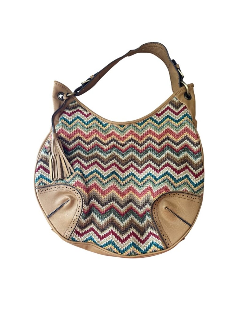 Bueno Chevron-Patterned Woven Hobo Bag With Faux Leather Trim - 15" x 11" x 3"
